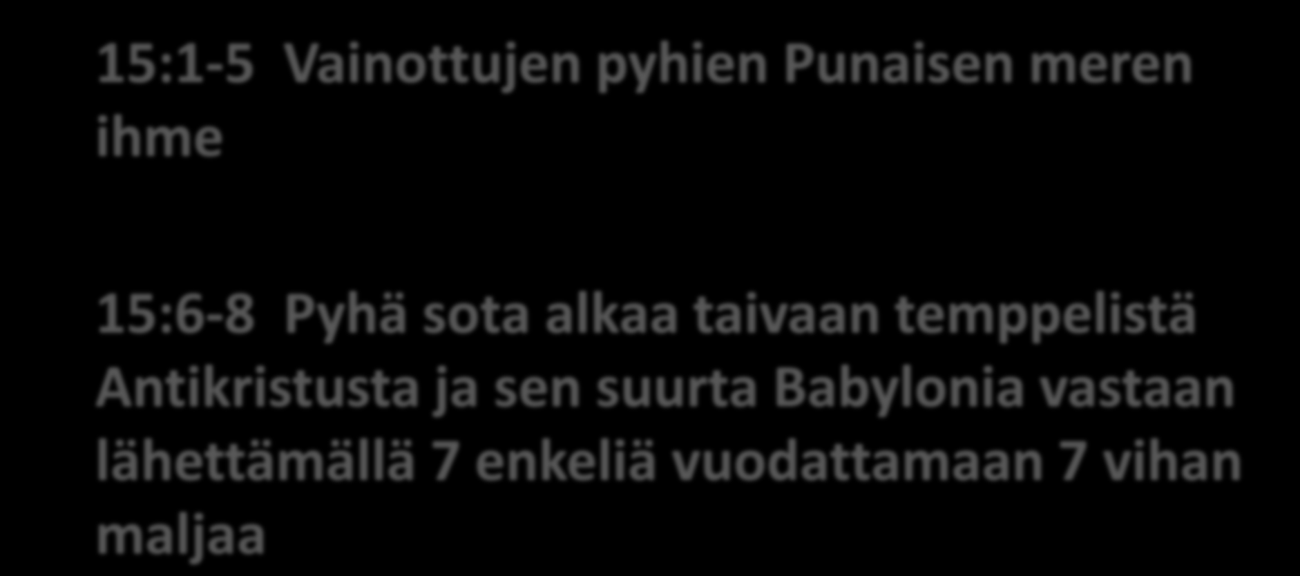 Antikristuksen nousu ja tuomio 15:1-5 Vainottujen pyhien Punaisen meren ihme 15:6-8 Pyhä sota alkaa taivaan