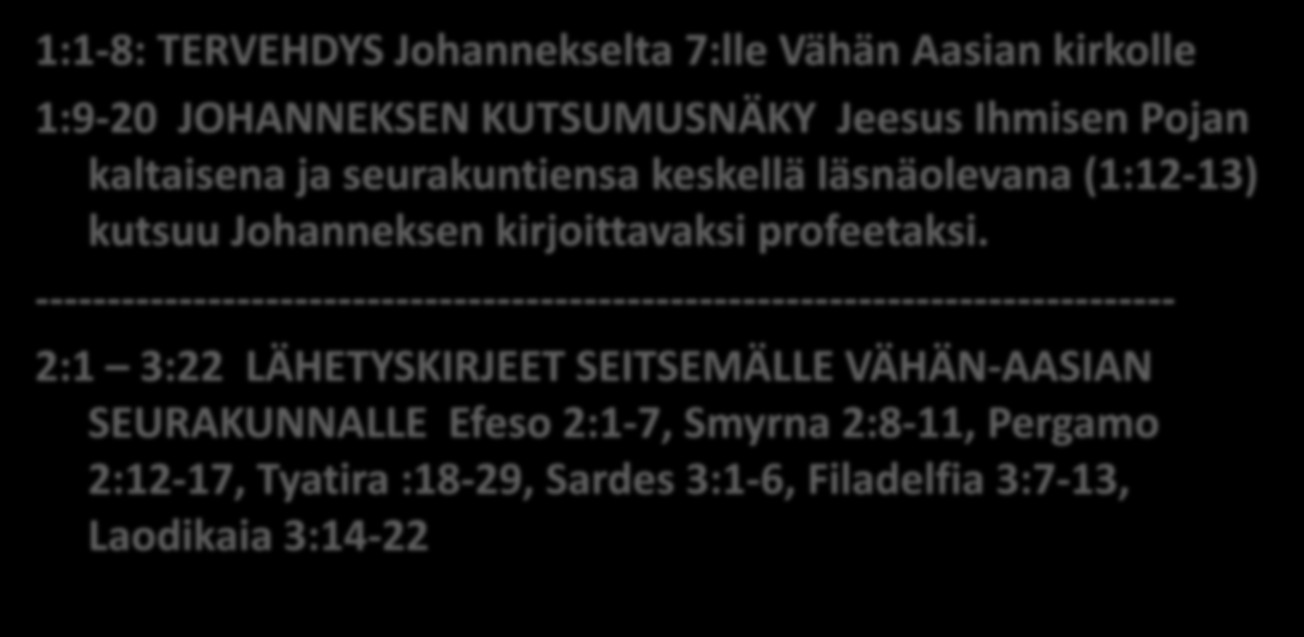 Ilmestyskirjan alku 1:1-8: TERVEHDYS Johannekselta 7:lle Vähän Aasian kirkolle 1:9-20 JOHANNEKSEN KUTSUMUSNÄKY Jeesus Ihmisen Pojan kaltaisena ja seurakuntiensa keskellä läsnäolevana (1:12-13) kutsuu