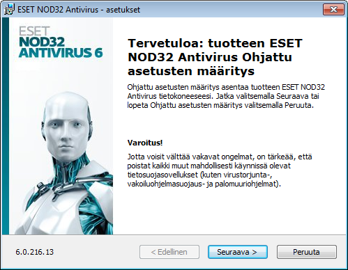 Asennus ESET NOD32 Antivirus sisältää komponentteja, jotka saattavat olla ristiriidassa muiden tietokoneeseen asennettujen virustorjuntatuotteiden tai suojausohjelmistojen kanssa.