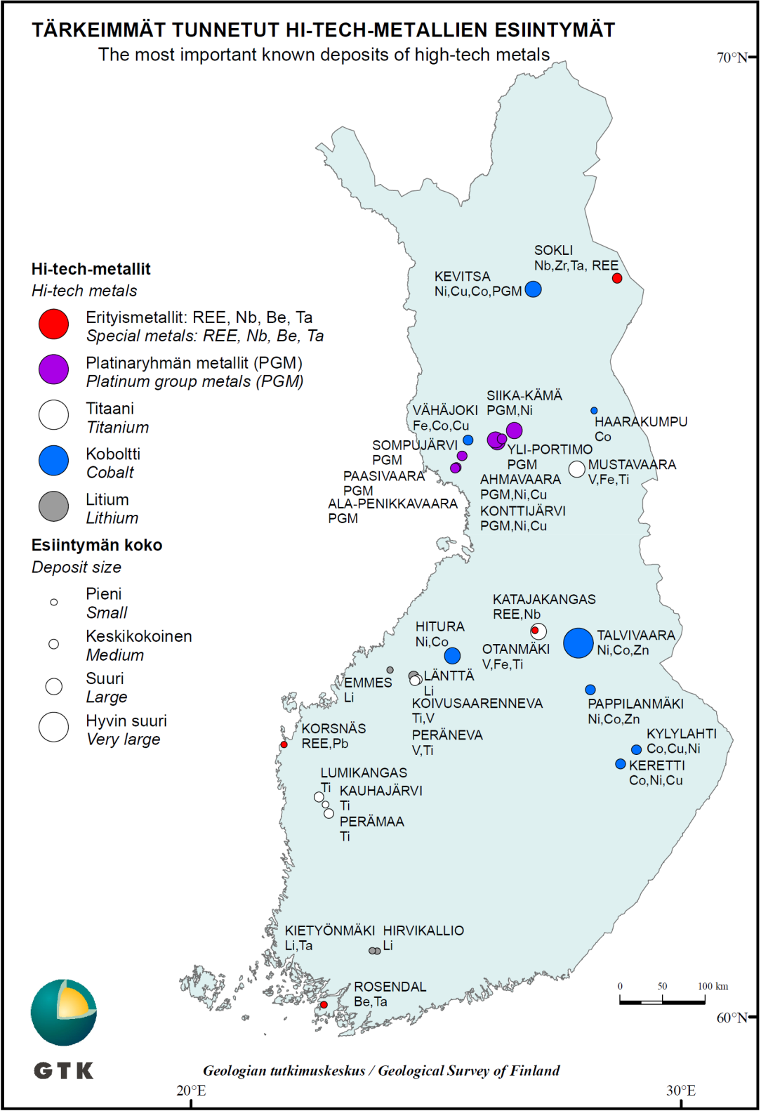 Kuva 3. Tärkeimmät hi-tech-metalliesiintymät Suomessa.