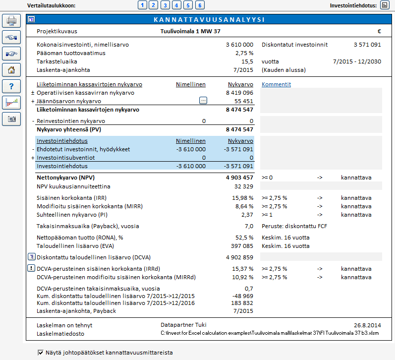 4 Tulos 4.1 Kannattavuusanalyysi Kannattavuusanlayysiruutu näyttää investointilaskelman tuloksen.