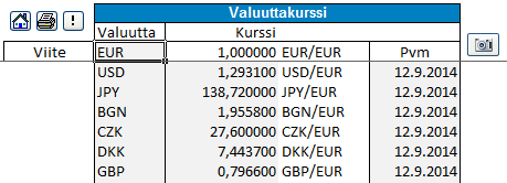 4.7.5 Valuuttatiedosto Valuuttojen käännöslaskenta- ja rahoitustiedostojen konsolidoinnin yhteydessä (Invest for Excel in Enterprise -versio).