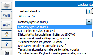 5.2 Laskentakorko Herkkyysanalyysin avulla selvität, miten laskentakoron muutos vaikuttaa kannattavuuteen.