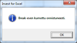 Tulosruudusta voit todeta, että nettonykyarvo on nolla (NPV=0): 3. Palauta ajon jälkeen tilanne ennalleen samasta valikosta Kumoa Break-Even. 5.9.