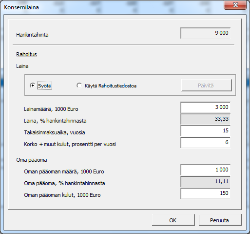 9.1.3 Rahoitus Painamalla -nappia rivillä Korollinen vieras pääoma voit määritellä yrityskaupan rahoitusrakenteen. Syötä lainamäärä, -aika ja -kulut.