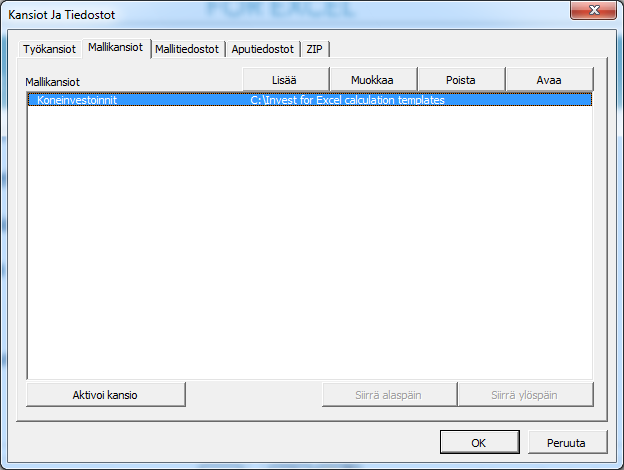 2.1.2 Mallikansiot Mallitiedostot ovat Invest for Excel tiedostoja, joita voit käyttää mallina kun luot uutta investointitiedostoa.