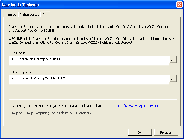 2.6.2 Zip tiedostojen pakkaus- ja purkuohjelma Jotta Invest ohjelmalla voidaan pakata ja purkaa Zip tiedostoja tulee koneeseen asentaa WinZip Command Line Support Add-On -ohjelma, jonka