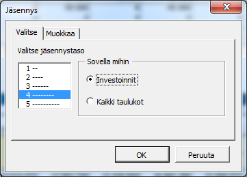 3.2.3 Rivijäsennys Rivijäsennys on käytettävissä Invest for Excelin Standard-versiosta, jäsennystasojen muokkaus Pro-versiosta alkaen.