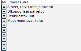 Kun käytössäsi on kahdella tasolla rivejä aina 99 alariviin, saat tarvittaessa jopa 98010 tuottoriviä, muuttuvien kulujen riviä ja kiinteiden kulujen riviä (10 * 99 * 99 = 98010). 3.2.