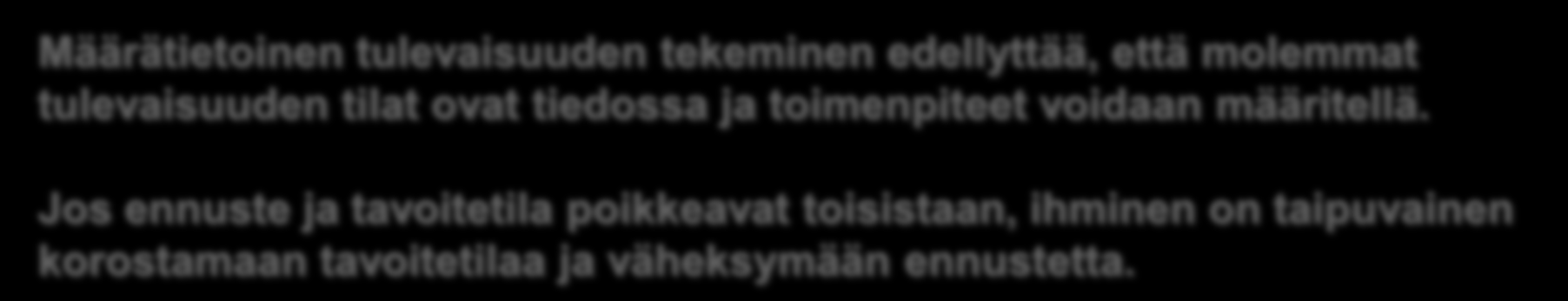 Tulevaisuuden tekeminen Tavoitetila Muutoksen tai tekemisen määrä, joka tarvitaan, jotta tavoitetila toteutuisi Ennuste (todennäköisin muutos, jos kehityksen kulkuun ei puututa) Nyt Määrätietoinen