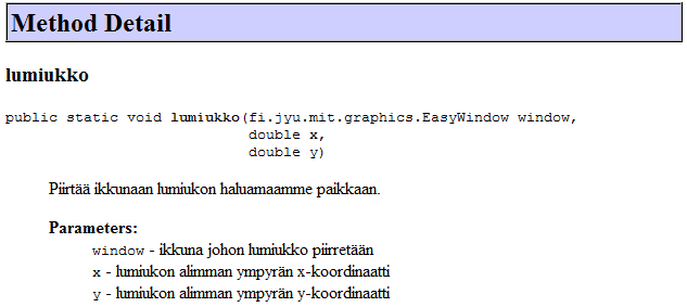 Kuva 6: Osa Lumiukko luokan dokumentaatio. Dokumentaatiossa näkyy kaikki luokan aliohjelmat, pääohjelmat ja metodit.