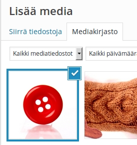 Tiedostosi siirtyy WordPressin Mediakirjastoon (eli Punomon palvelimelle). Valitse kuva klikkaamalla, kruksi ilmestyy valinnan merkiksi kuvan oikeaan yläkulmaan.