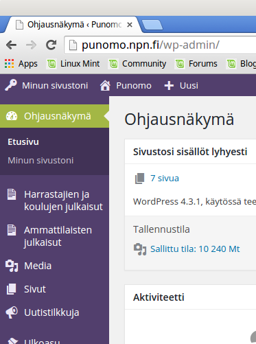 Loggautuminen Punomoon julkaisun tekijänä: Loggaudu uuden Punomon sivulle Pirjolta saamallasi tunnuksella ja salasanalla. http://punomo.npn.fi/wp-login.