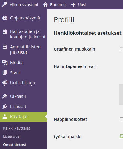 Omien tietojen asettaminen Se tapahtuu profiili-sivulle, jonne pääset klikkaamalla oma nimeäsi sivun oikeassa yläkulmassa. 1. Henkilökohtaiset asetukset.