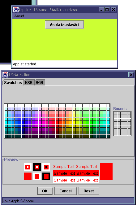 8.6. APULUOKKIA 111 Kuva 8.8: VariDemo suorituksessa. Esimerkki 8.7 Värinvalintatyökalun havainnollistus. import java.awt. ; import java.awt.event. ; import javax.swing.