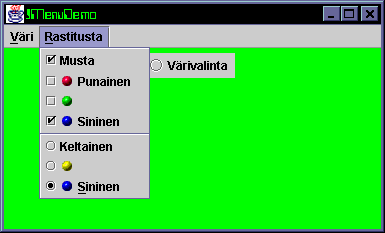 114 LUKU 8. SWING-KOMPONENTIT 8.8 Menupalkki Menupalkki on Swingissä hyvin samanlainen kuin AWT:ssäkin.