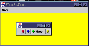 8.8. MENUPALKKI 117 8.8.1 Luokka JToolBar AWT:stä poiketen Swingin yhteydessä päätason ikkunakomponentteihin voidaan liittää erillinen työkalupalkki: luokan JToolBar olio.