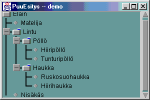 128 LUKU 8. SWING-KOMPONENTIT Kuva 8.20: PuuEsitys suorituksessa (windows). (rajapinta) toteuttaa konkreettisesti luokka DefaultTreeModel. Osa JTree-luokkaan liittyvistä luokista on paketissa javax.