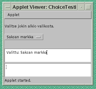 3.5. PUDOTUSVALIKKO CHOICE 25 Choice() Konstruktori, joka alustaa sisällöksi tyhjän valintalistan. int getitemcount() Palauttaa valintalistassa olevien alkioiden lukumäärän.