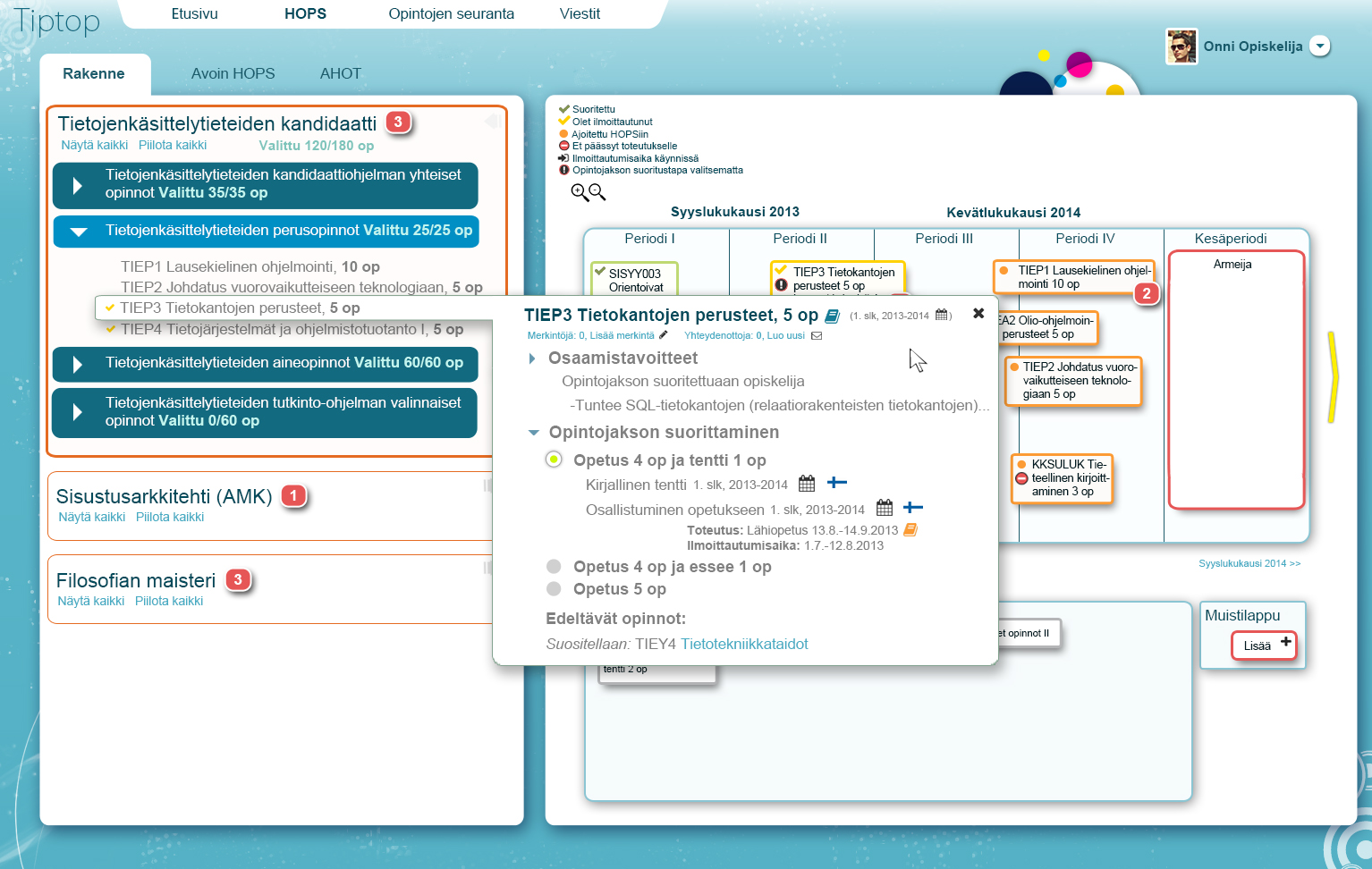 Kuva 5. Oppija tekee opintoihinsa liittyviä valintoja hops rakenteesta avautuvien leijukkeiden kautta.