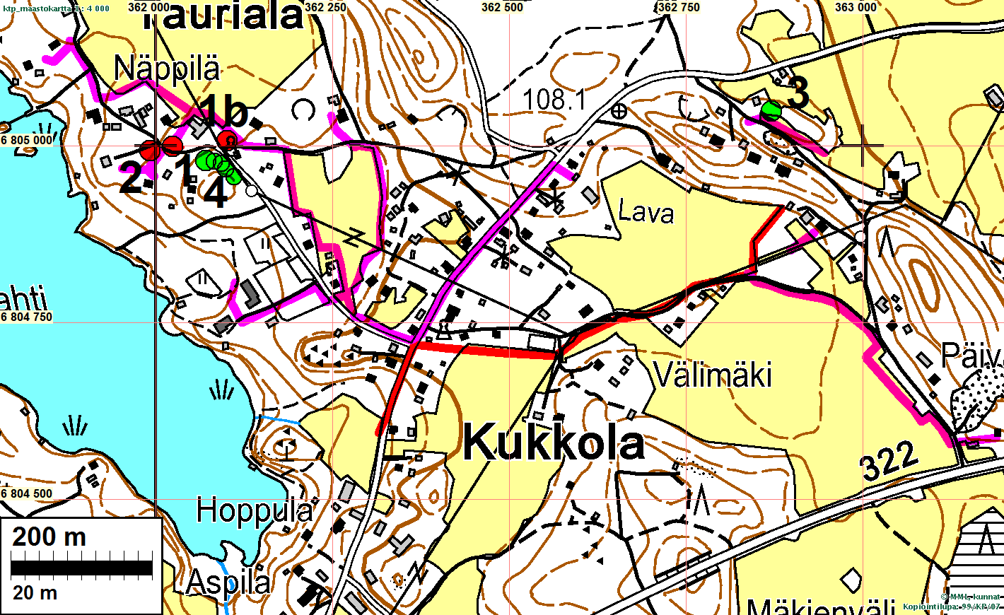 3 Yleiskartta Vesi- ja viemärilinjat on merkitty punaisella ja vaalean punaisella. Punaisilla pisteillä muinaisjäännökset 1 Tauriala ja 2 Konkintie.