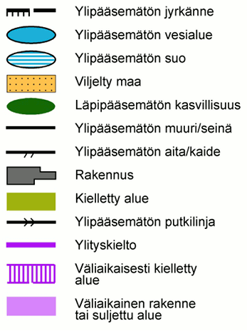 12 Näiden esteiden lisäksi on myös olemassa muutama muu kohde, joista kulkeminen on kielletty (Kuvio 3). Kielletty kohde ei tarkoita sitä, että sen ylittäminen tai alittaminen ei olisi mahdollista.