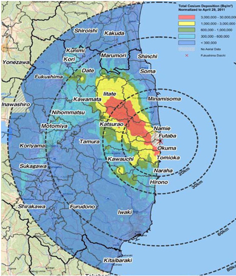 tokselta luoteeseen. Alue on noin 50 kilometriä pitkä ja 20 kilometriä leveä. Kartassa kuvataan cesium-137 ja cesium-134 -laskeuma ympäristössä.