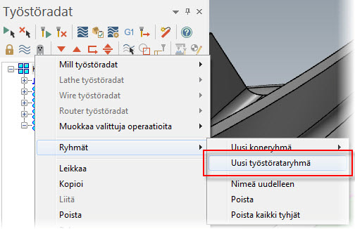123 LAVAN VIIMEISTELY Lavan viimeistely 1 Aloita luomalla uusi työstörataryhmä klikkaamalla Koneryhmä-1 hiiren oikealla painikkeella ja valitsemalla kuvan mukaisesti.