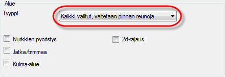 37 5 Klikkaa Työpinnat ja valitse molemmat korostetut pinnat. 6 Klikkaa Tehty. Työstötyypin valinta 1 Valitse Alue-pudotusvalikosta Kaikki valitut, vältetään pinnan reunoja.