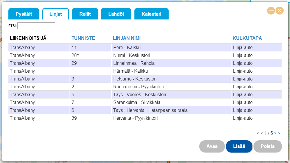 Kenttä Selite Pakollisuus Nimi sv Ruotsinkielinen pysäkin nimi Ei Latitude Longitude URL Desimaalimuotoinen koordinaatti. (Desimaalierotin on piste.) Desimaalimuotoinen koordinaatti.