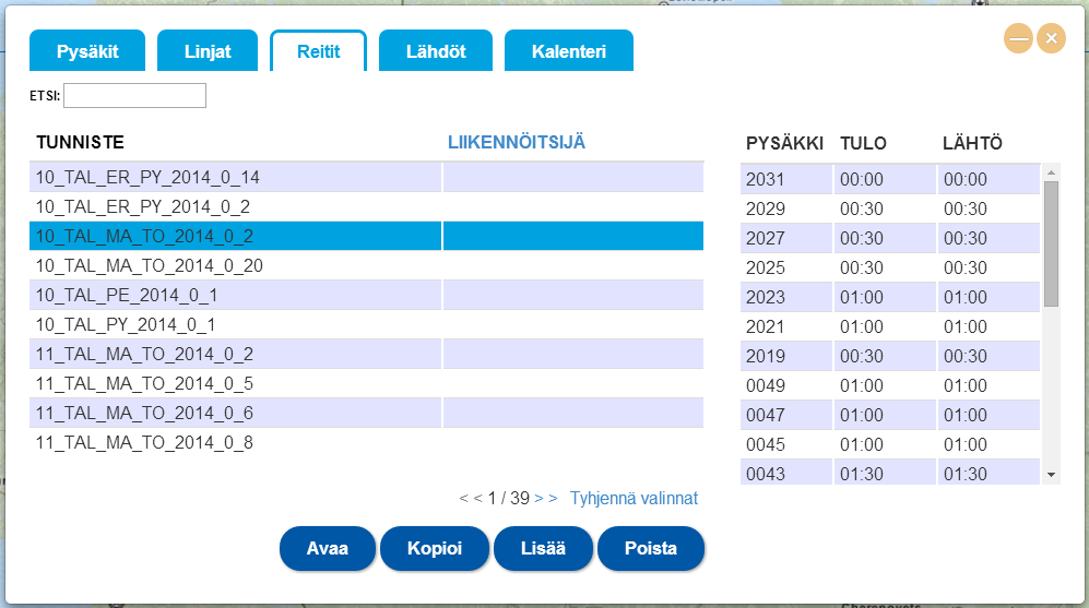 Kenttä Selite Pakollisuus Sopimus Sopimustunniste, jonka alla linjaa liikennöidään. Kyllä Järjestämistapa Liikenteen järjestämistapa.