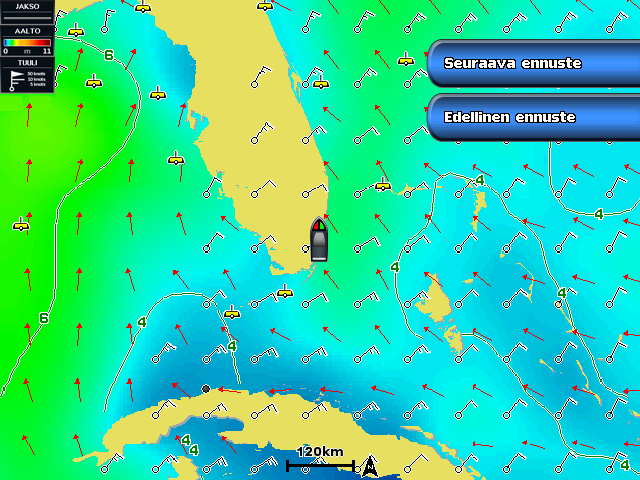 XM WX Satellite Weather ja mobiilisää Pinnan tuulet Pinnan tuulivektorit näkyvät meriolosuhdekartassa tuuliväkäsinä, jotka osoittavat tuulen puhallussuunnan. Tuuliväkänen on pyrstöllinen ympyrä.