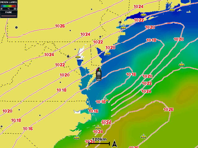 XM WX Satellite Weather ja mobiilisää Kalastustietojen tarkasteleminen Sään kalastuskartassa näkyvät nykyinen veden lämpötila, nykyiset pinnan paineolosuhteet ja kalastusennusteet.