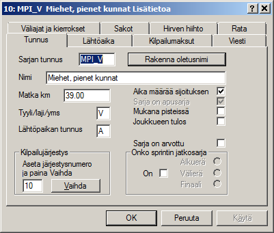 Jorma Tuomimäki Sivu 3 / (8) APUSARJOJEN LISÄYS TULOSTUSTA VARTEN Kilpailijoiden tietojen tultua lisätyksi perustin kisaan kaksi apusarjaa, Miehet, pienet kunnat ja Miehet, isot kunnat.