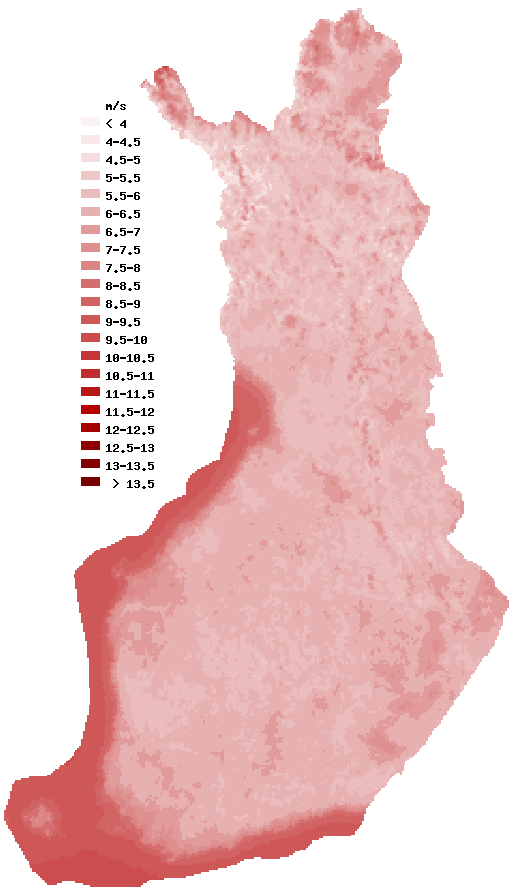 7 Kuva 3. Tuulen keskinopeus 100 metrin korkeudella. (Tuuliatlas 2015) Tuulivoiman investointien suunnittelun tueksi Suomen tuulitiedoista on kerätty informaatiota julkiseen Tuuliatlas-järjestelmään.