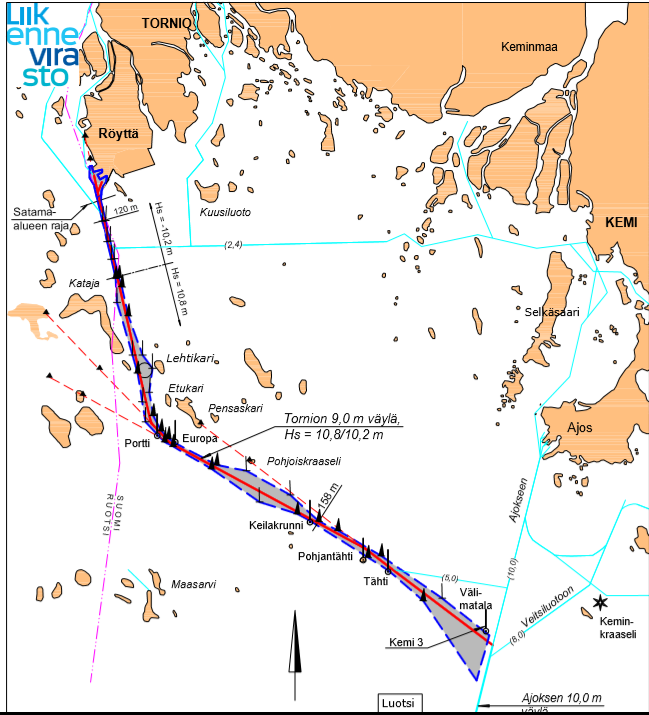 Liite Tornion väyläkortti, johon on merkitty kyselystä saatuja huomautuksia väylästä. -Linjamerkki Röyttä alempi jää laivan taakse laituripaikassa 7.