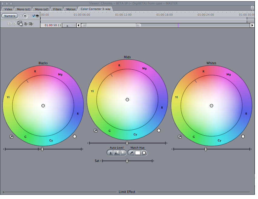 Kuva 15: Colour Corrector 3-way-efektin parametrit sävyalueiden muokkamiseen. Levels Levels- efektillä voidaan säätää kuvan sävyalaa eli valoisuutta, kontrastia ja gammaa.