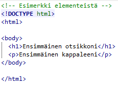 p, table ja ul. Sisäelementit ovat tekstitason elementtejä, jotka sisältävät yleensä lyhyitä tekstinpätkiä, esimerkiksi korostettuja sanoja kappaleen sisällä.