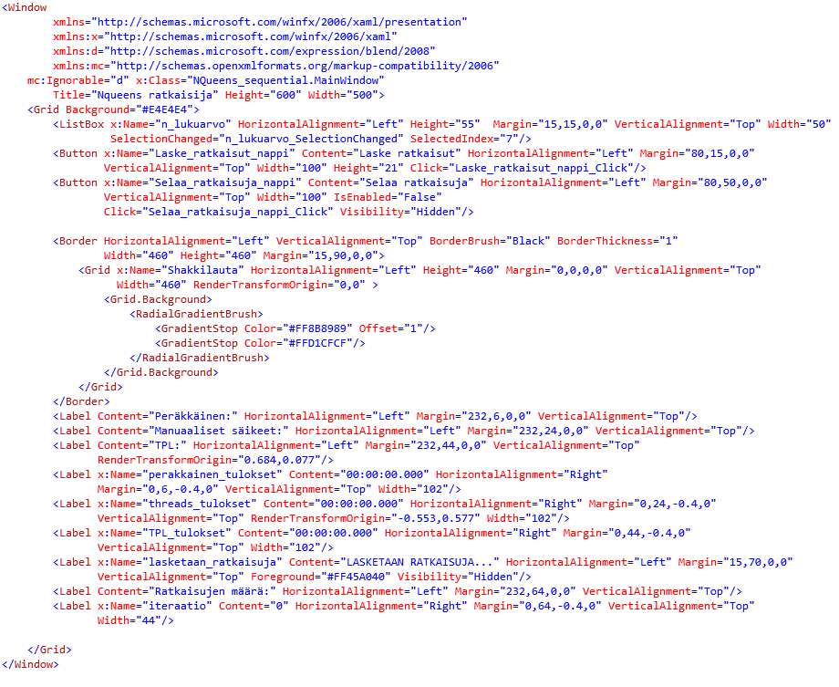 7 Koodiesimerkki 2. XAML-esimerkki 2.3 Termistö ja lyhenteet Tässä opinnäytetyössä käytetään tietotekniikan vakiintunutta termistöä käsiteltäessä rinnakkaisohjelmointia.