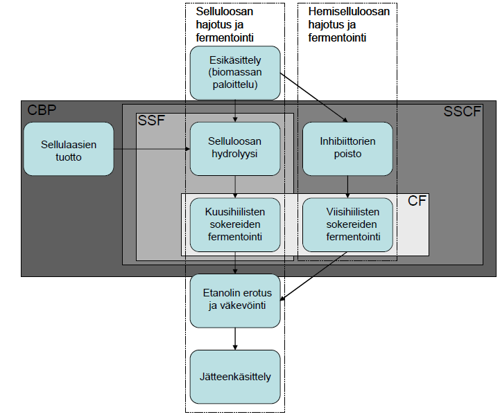 13 Kuva 4 Prosessivaihtoehtojen yksinkertaistetut lohkokaaviot (Suokko 2010) SHF-prosessivaihtoehto on perinteinen vaihtoehto lignoselluloosaperäisten materiaalien hydrolysointiin ja fermentointiin.