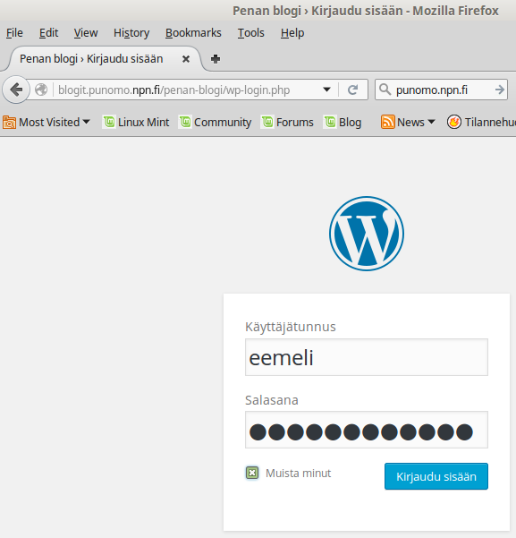 2. WordPress blogialusta. Katsotaanpa millainen on kirjaus-ikkuna: Kuvassa eemelin loggautumis-osoite ja -ikkuna, Sinulla tietysti omat tiedot.