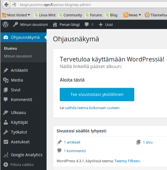 Ohjausnäkymässä näet yhteenvedon blogisivustosi sisällöstä, mm. artikkelien ja sivujen määrän sekä sivustolle lähetetyt kommentit.