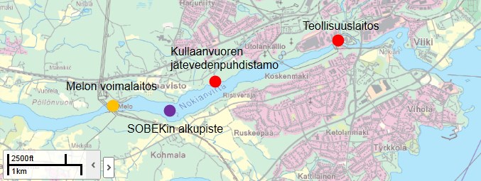 Nokianvirran skematisaatio. Kohteet oikealta vasemmalle: 1) SOBEKin alkupiste. 2) Poikkileikkaussolmu.