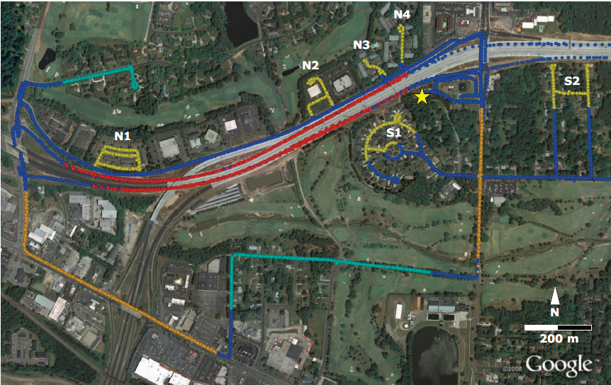 Kuva 17. Tutkimuksessa ajettu reitti väritunnuksin. Punainen = moottoritie, Oranssi = pysähtelevää ajoa, Keltainen = moottoritien läheiset alueet (< 150 m), Vaalean sininen = tausta.