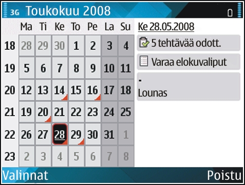 Jos haluat vaihtaa oletusnäkymän, valitse Valinnat > Asetukset > Oletusnäkymä. Kalenteritietojen tarkasteleminen Kuukausinäkymässä kalenterimerkinnät on merkitty kolmiolla.