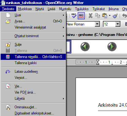 4. Kun olet saanut valmiiksi tekemäsi asiakirjan (esim kokouspöytäkirja), niin tallenna se esimerkiksi nimellä talvikokous_12032011.