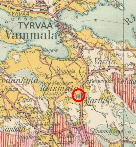 Ote v. 1930 taloudellisesta kartasta. Hyrki (Hyrkki) ympyröity päälle.