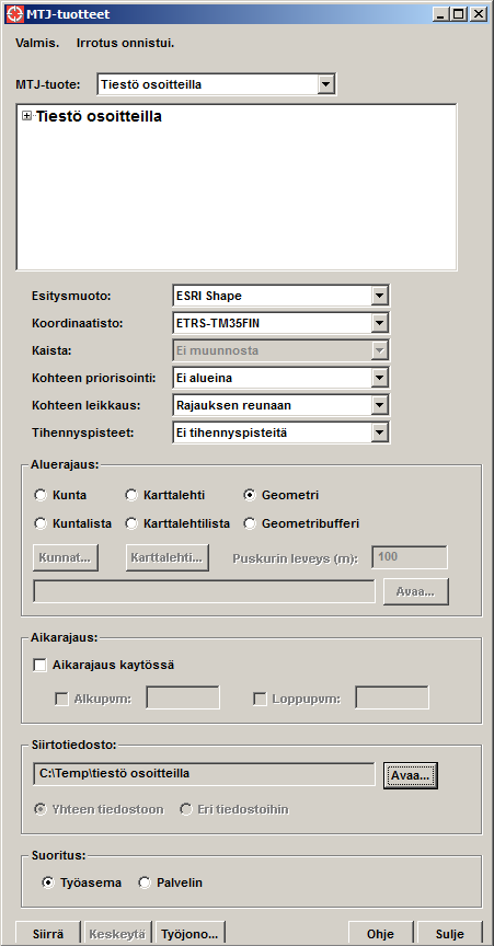 19 Kuvio 7. Siirtotiedoston irrotusehdot JAKO/Maastotietojärjestelmän MTJ-tuotteista. 5.3.