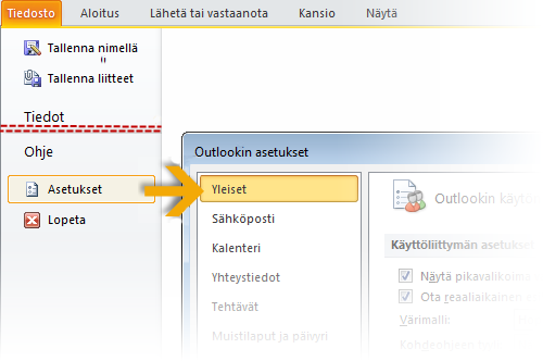 Missä esikatselu sijaitsee? Outlook 2010:ssä esikatselu on Backstage-näkymässä. Napsauta Tiedosto-välilehteä ja valitse Tulosta.