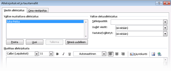 Sähköpostin allekirjoituksen luominen Avaa ensin uusi viesti. Valitse Viesti-välilehden Sisällytä-ryhmästä Allekirjoitusja valitse sitten Allekirjoitukset.